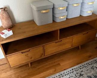 Target 'Cara' mid-century modern 3 -drawer TV stand with Container Store Herringbone boxes with wood handle