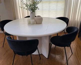 CB2 Geary 60" dining table with 5 Crate & Barrel Velvet Birba Dining Chairs