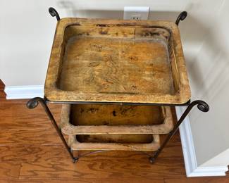 D26 - $50 - Interlude Furniture Small 3 Tier Iron + Wood Stand. Measures 16.5" wide x 13" deep x 24" tall.