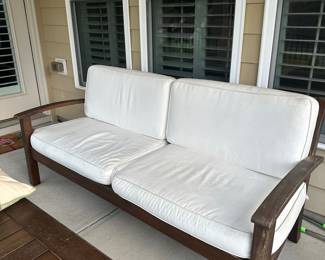 D38 - $750. Pottery BarnSofa Patio Set. *All pieces are sturdy*. Includes 2 Chairs. 1 Coffee Table. 1 side table. Sofa. All pieces are sturdy. Cosmetic damage includes paint coming off most of the collection. The sofa is in the best condition of the set as far as any missing paint goes it's only seen slightly on the front arms. As the rest of the set has more noticeable loss. Please see all photos. Was used on covered patio.