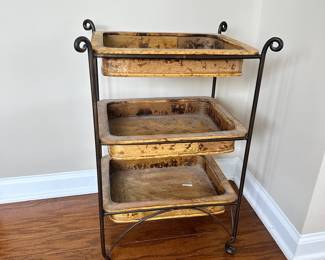 D26 - $50 - Interlude Furniture Small 3 Tier Iron + Wood Stand. Measures 16.5" wide x 13" deep x 24" tall.