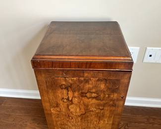 D68 - $95. Small Burl Wood Cabinet (maybe for sheet music but there is only 1 shelf) Measures 15.5" across x 14" deep x 29.5" tall. Has minor trim pieces missing.
