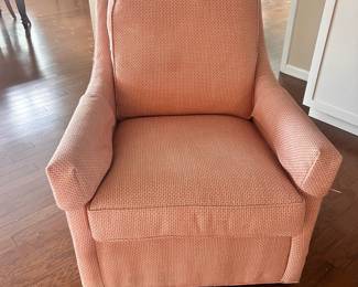 D50 - $400 each. Custom Upholstered Swivel Side Chairs. Measures 32.5" x 38.5" x 37"T. Colors Salmon, Beige and White.