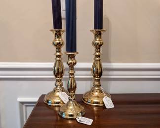 D14 - $60. Virginia Metalcrafters lot of 3 Brass Candlesticks. 8", 10", 11".