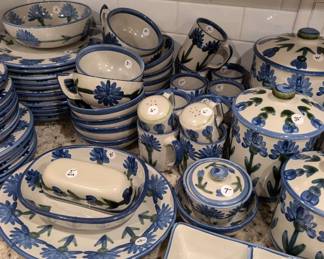 D41 - $650 for all PRESALE. Louisville Stoneware. Or we will split the set when shoppers start coming. 11 Dinner Plates. 5 Salad Plates. 9 Bread Plates. 9 Cereal Bowls. 4 Soup Bowls. 9 Mugs, 1 - 8"Round, 1- 7 x 9 oval dish /bowl , 1 - 11 x 12 oval serving plater, S & P Set , 5-6-8" Canisters w lids, 7' Canister w no lid, 1 - 8x11 Casserole Dish w lid , 1 - 10x12 casserole w no lid, 1 - 9" Serving Bowl, 1, 11" Serving Bowl, 1 - 7" Pitcher, Sugar dish, 2 Misc Bowls, Butter Dish w/ cover, and Divided Dish