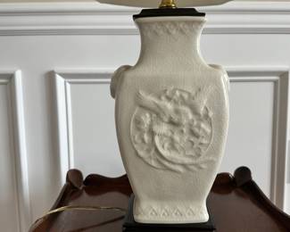 D13 - $70. White Chinoiserie Table Lamp. Shade is in good condition. No stains. Measures 27" tall.