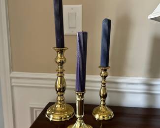 D8 - $50. Set of Virginia Metal Crafters Brass Candlesticks. 10" , 8" , 5.5"