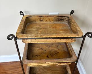 D26 - $50 - Interlude Furniture Small 3 Tier Iron + Wood Stand. Measures 16.5" wide x 13" deep x 24" tall.