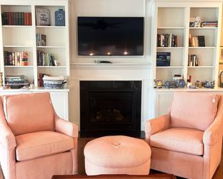 D50 - $400 each. Custom Upholstered Swivel Side Chairs and D51 - $200. Custom Ottoman. Like new condition. Chairs measure 32.5" x 38.5" x 37"T. Ottoman measures 32"Diameter x 18"Tall. Colors Salmon, Beige and White.