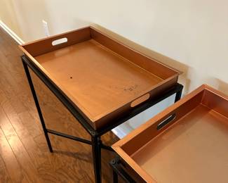 D90 - $35 EACH. 2 Available. Burdock Home Butler Tray Table with Removable Top. Large Rectangle Metal Stands for Dessert, Appetizers etc. Some signs of wear on the trays themselves. Please see photos. Measures 25"W x 15.6"D x 30.5"T