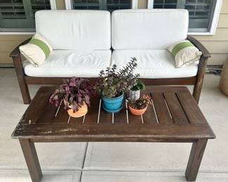 D38 - $750. Pottery BarnSofa Patio Set. *All pieces are sturdy*. Includes 2 Chairs. 1 Coffee Table. 1 side table. Sofa. All pieces are sturdy. Cosmetic damage includes paint coming off most of the collection. The sofa is in the best condition of the set as far as any missing paint goes it's only seen slightly on the front arms. As the rest of the set has more noticeable loss. Please see all photos. Was used on covered patio.