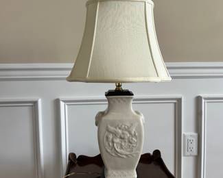D13 - $70. White Chinoiserie Table Lamp. Shade is in good condition. No stains. Measures 27" tall.