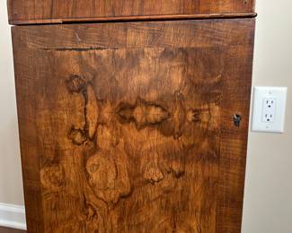D68 - $95. Small Burl Wood Cabinet (maybe for sheet music but there is only 1 shelf) Measures 15.5" across x 14" deep x 29.5" tall. Has minor trim pieces missing.