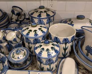 D41 - $650 for all PRESALE. Louisville Stoneware. Or we will split the set when shoppers start coming. 11 Dinner Plates. 5 Salad Plates. 9 Bread Plates. 9 Cereal Bowls. 4 Soup Bowls. 9 Mugs, 1 - 8"Round, 1- 7 x 9 oval dish /bowl , 1 - 11 x 12 oval serving plater, S & P Set , 5-6-8" Canisters w lids, 7' Canister w no lid, 1 - 8x11 Casserole Dish w lid , 1 - 10x12 casserole w no lid, 1 - 9" Serving Bowl, 1, 11" Serving Bowl, 1 - 7" Pitcher, Sugar dish, 2 Misc Bowls, Butter Dish w/ cover, and Divided Dish