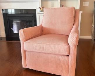 D50 - $400 each. Custom Upholstered Swivel Side Chairs. Measures 32.5" x 38.5" x 37"T. Colors Salmon, Beige and White.