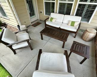 D38 - $750. Pottery BarnSofa Patio Set. *All pieces are sturdy*. Includes 2 Chairs. 1 Coffee Table. 1 side table. Sofa. All pieces are sturdy. Cosmetic damage includes paint coming off most of the collection. The sofa is in the best condition of the set as far as any missing paint goes it's only seen slightly on the front arms. As the rest of the set has more noticeable loss. Please see all photos. Was used on covered patio.