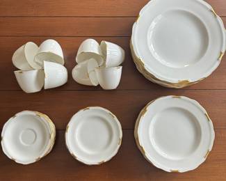 D72 - $80. Regency by Royal Crown Derby. Bone China. 8 Tea cups, 8 Saucers, 8 Bread Plates ,8 Salad Plates, and 8 Dinner Plates. Good condition. No chips.