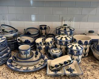 D41 - $650 for all PRESALE. Louisville Stoneware. Or we will split the set when shoppers start coming. 11 Dinner Plates. 5 Salad Plates. 9 Bread Plates. 9 Cereal Bowls. 4 Soup Bowls. 9 Mugs, 1 - 8"Round, 1- 7 x 9 oval dish /bowl , 1 - 11 x 12 oval serving plater, S & P Set , 5-6-8" Canisters w lids, 7' Canister w no lid, 1 - 8x11 Casserole Dish w lid , 1 - 10x12 casserole w no lid, 1 - 9" Serving Bowl, 1, 11" Serving Bowl, 1 - 7" Pitcher, Sugar dish, 2 Misc Bowls, Butter Dish w/ cover, and Divided Dish