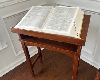 D11- $40 - Vintage Lectern / Side Table / Dictionary Stand. Please note there are scratches along the front of this. Solid wood. Please see all photos. Measures 24"W x 12.5"D x 29"T