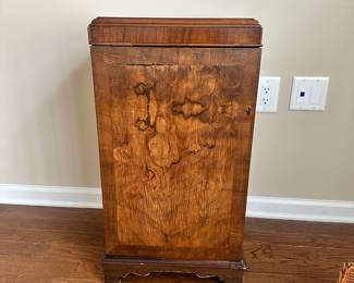 D68 - $95. Small Burl Wood Cabinet (maybe for sheet music but there is only 1 shelf) Measures 15.5" across x 14" deep x 29.5" tall. Has minor trim pieces missing.