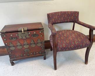Vintage oriental style side cabinet and southwest fabric covered side chair. 