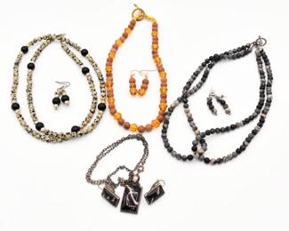 4 Necklace and earring sets: Black Net Stone, black/white glass, wood and bead, and dalmatian jasper