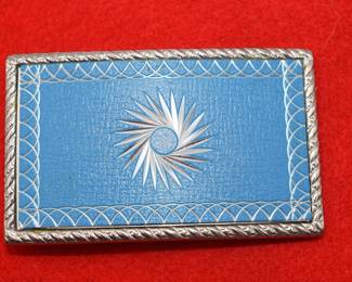 Blue leather etched belt buckle