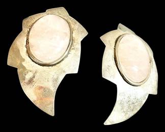 Geometric Silver Earrings with Pink Stones