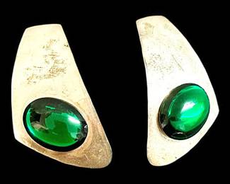 Modernist Silver Earrings with Green Gems