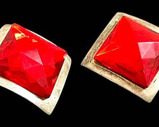 Modern Silver Earrings with Red Gems