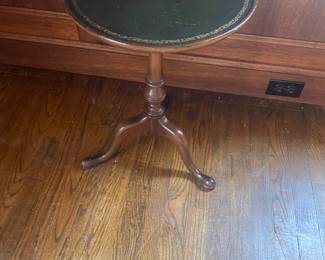 $40 Leather top drinks table. 14.5” dia. X 20”H.