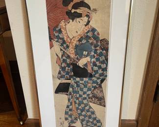 $3500. IKEDA EISEN
(Japanese 1790-1848)
Geisha Walking
Circa 1820
Kakemon-e
Frame with museum quality glass
Provenance:
Things Japanese Gallery; New York City 1988
Private Collection; Seattle, Washington 1988-present
Value Range $3,000.00 - $5,000.00