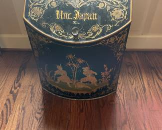 $320 Antique hand-painted bin with removable smoke glass protective top. 19.5”W x 14”D x 23”H.