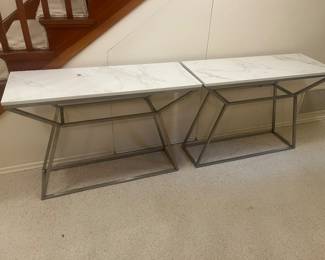 $480. Pair of metal base marble top tables. 43.5" x 16" x 30"h. Available for online purchase per sale description details Wednesday at 7 pm.