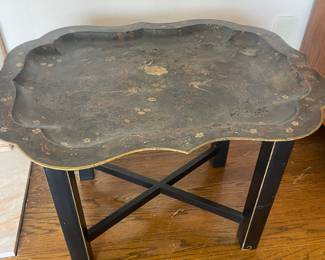 $280 Hand-painted tray table on stand. 29”W x 23”D x 22”H