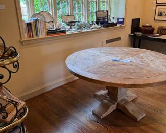 $1,200 Restoration hardware 60 inch natural wood, pedestal dining table. 29.5”H. (Still available in the RH catalog, member price of $2000, and non-member price of $3685.)