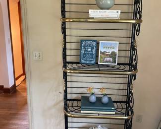 $340 Black and brass Baker’s Rack. Four shelves. 30”W x 14.5”D x 86”H.