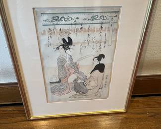 $2500. HOSODA EISHO
(Japanese active 1780-1800)
Seated Man and Woman
Oban
Custom made guilded frame with museum quality glass
Provenance:
Peter Guilder Japanese Prints 1991
Private Collection ; Seattle, Washington 1991-present
Value Range $4,000.00 - $6,000.00