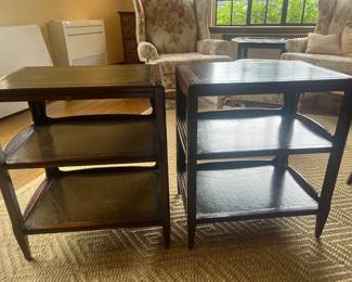 $220. A pair of leather top side tables as found. 22"W X 16"D X 26"H. Pull out tray in the top, knobs can be seen in next photos. Available for online purchase per sale description details Wednesday at 7 pm.