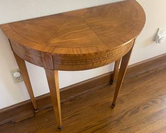 $290 Baker inlaid wood Demi-lune table. 30”W x 14.25”D x 29”H.