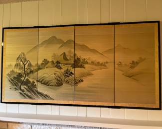 Silk four panel wall mounted antique screen.