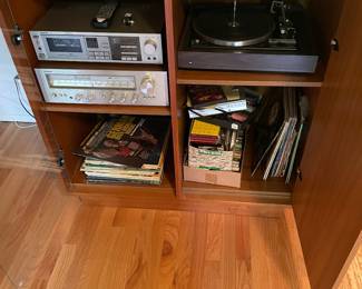 Media cabinet 42”W x 20”D x 40”H. Showing open with shelves