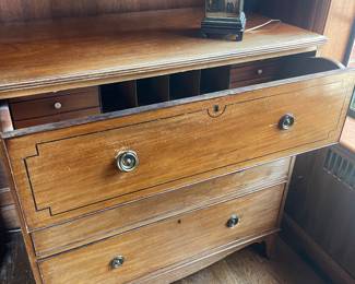 $190 Antique chest with drop-leaf writing surface. 40”W x 23”D x 40”H. (As found, condition issues)