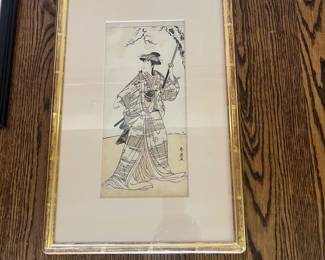 $2200. KATSUKAWA SHUMEI
(Japanese 1762-1819)
Actor with Sword
Circa 1790
Hosoban
Condition: Very Good
Custom made guilded frame with museum quality glass
*Note: known as a brilliant pupil of Katsukawa Shunso
Provenance:
Things Japanese Gallery; New York City 1987
Private Collection; Seattle, Washington 1987-present
Value Range $3,000.00 - $4,000.00