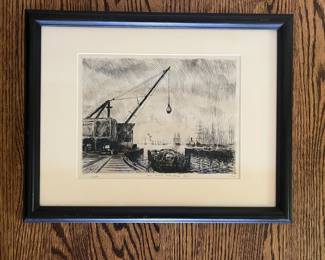 $1200. PAUL GUSTIN
(American 1886-1974)
Sand Bucket, Lake Union1927
Etching 20/60
7.25 x 9.25 inches
Signed and dated lower left in plate: Gustin
Signed, Titled and dated in pencil on paper: Gustin / Sand Bucket, Lake Union 1927
Custom guilded frame with museum quality glass
Provenance:
The Estate of the Artist
Private Collection; Seattle, Washington
Exhibited:
Port Hadlock Inn; Exhibition of Northwest Artists, 2019-2020
Value $1,800.00