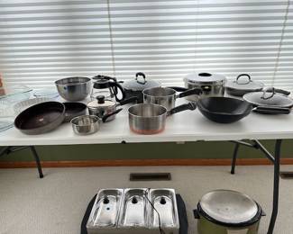 Pots and pans. Three bay serving dish, crock pots and wok.
