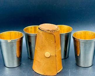 (3) Vintage Metal Shot Glasses With Case