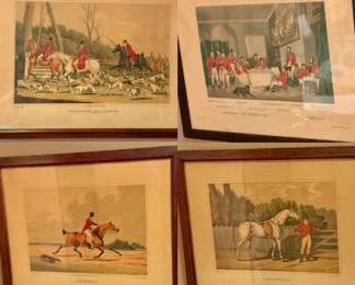 (4) Framed Vintage Prints
"FOX HUNTING going into COVER" by John Heaviside Clark, after Henry Thomas Alken
"The Melton Hunt Breakfast," an 1839 engraving by Charles G. Lewis after a painting by Sir Francis Grant
"Hackney" by Henry Thomas Alken
"The Hunter" by Henry Thomas Alken, originally published in 1835