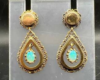 14K Gold Art Deco Opal Bead Scroll Dangle Earrings