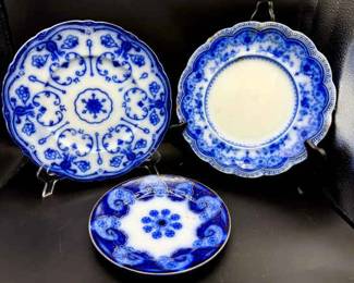 (3) Antique Blue Flow Plates